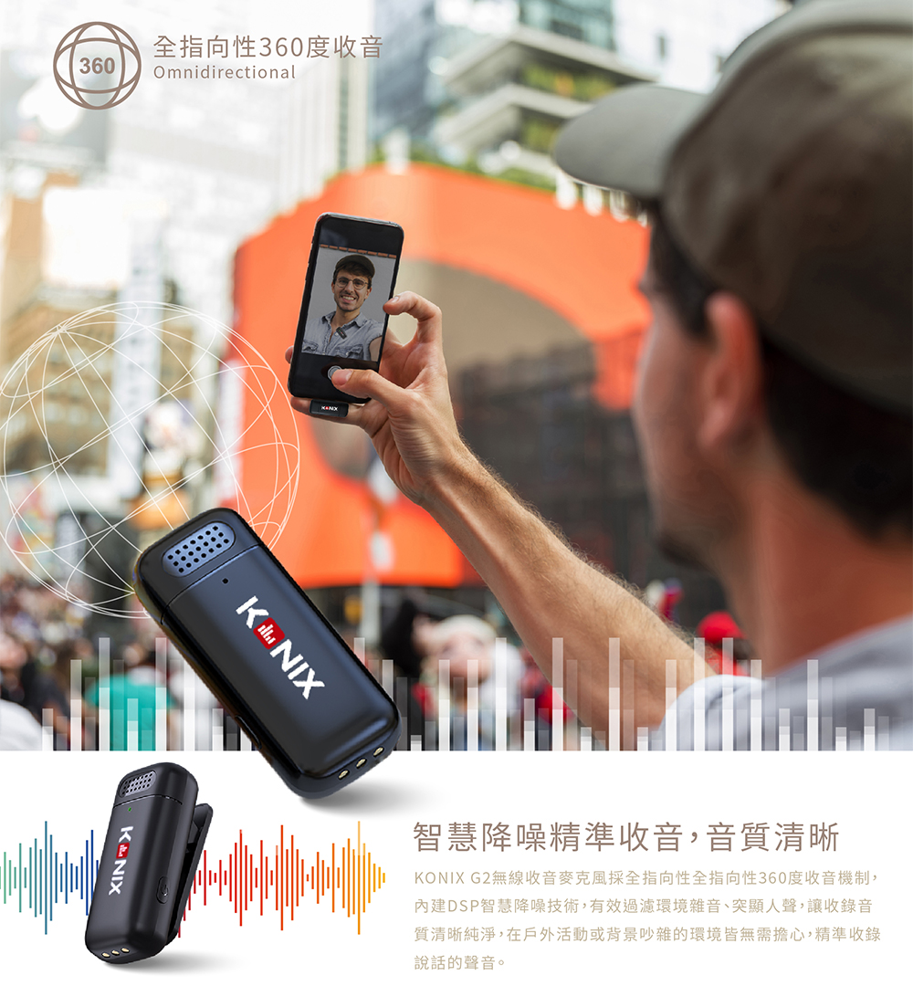 KONIX G2 無線收音麥克風,智慧降噪,全指向性,360度收音,手機直播