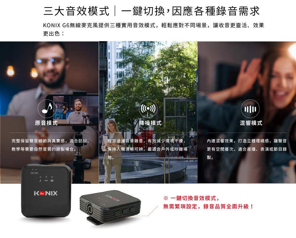 KONIX G6 無線收音麥克風,三大音效模式 一鍵切換,因應各種錄音需求