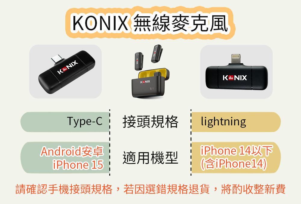 NIXKONIX 無線麥克風KNIXKNIXType-C 接頭規格lightningAndroid安卓iPhone 14以下iPhone 15(含iPhone14)請確認手機接頭規格,若因選錯規格退貨,將酌收整新費適用機型